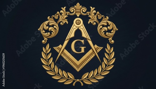 Ornate golden freemasonry symbol with laurel wreath