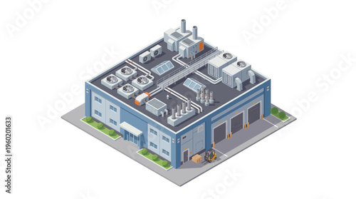Isometric view of a modern industrial building with air conditioning units and loading dock, representing logistics and manufacturing