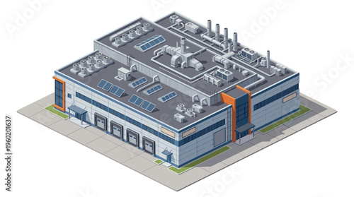 Modern industrial building concept Isometric pixel art illustration of efficient factory or logistics center, with loading docks, solar panels, and infrastructure