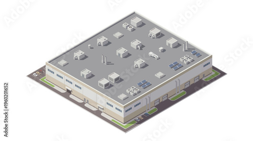 Isometric view of a modern industrial warehouse building with rooftop HVAC units and solar panels, representing logistics and commercial property