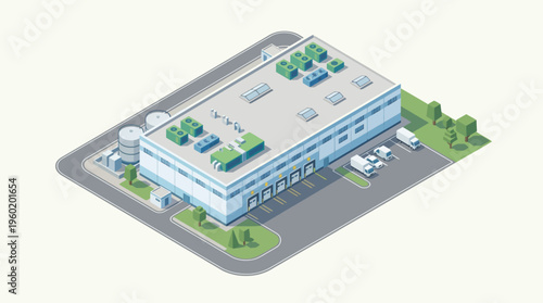 Isometric illustration of a modern industrial warehouse. Large factory building with trucks, symbolizing global logistics, efficient supply chain, and manufacturing operations. Distribution center