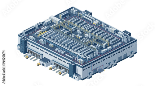 Isometric illustration of a modern data center building, highlighting server racks, network infrastructure, and advanced information storage architecture