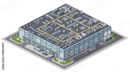 Isometric view of a large, modern industrial building with a complex rooftop system of HVAC units, vents, and piping, showcasing industrial infrastructure and urban planning