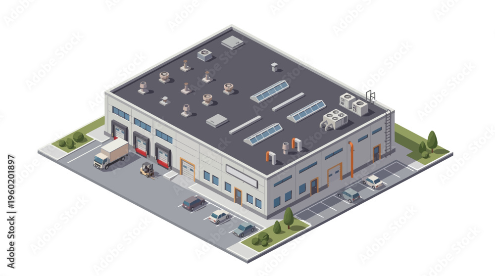 Obraz premium Isometric modern industrial building illustration of a warehouse, loading docks, a delivery truck, and cars, symbolizing business logistics and distribution