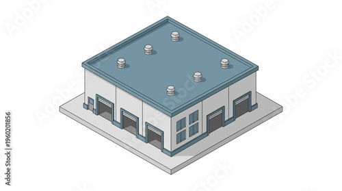 Isometric building with garage doors and windows, representing a commercial or industrial structure in a clean, minimalist style