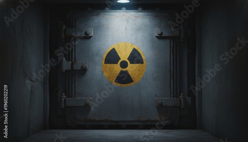 Reinforced nuclear bunker door with radiation hazard sign