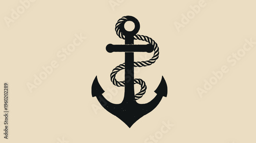 A nautical-themed graphic featuring a black anchor with a coiled rope on a light beige background