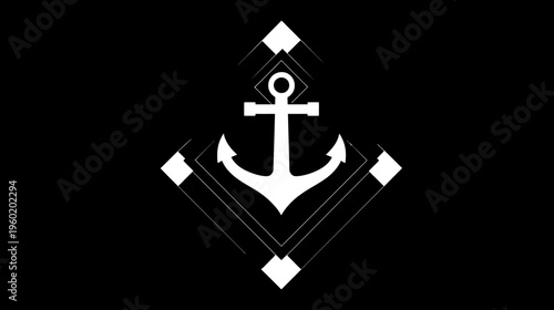 Bold white anchor and geometric diamond shapes against a stark black background