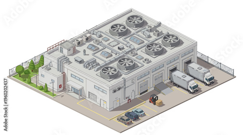 Isometric view of a modern industrial warehouse with loading docks and delivery trucks outside