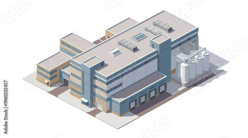 Modern industrial factory building with manufacturing facilities and silos, detailed isometric vector illustration representing contemporary architectural and logistics infrastructure
