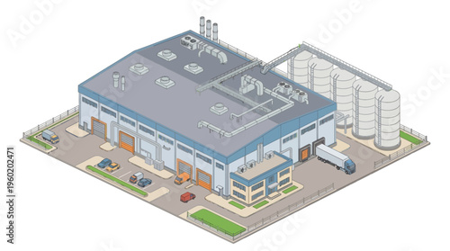 Industrial Warehouse Building with Loading Docks, Forklifts, and Storage Silos depicted in isometric view
