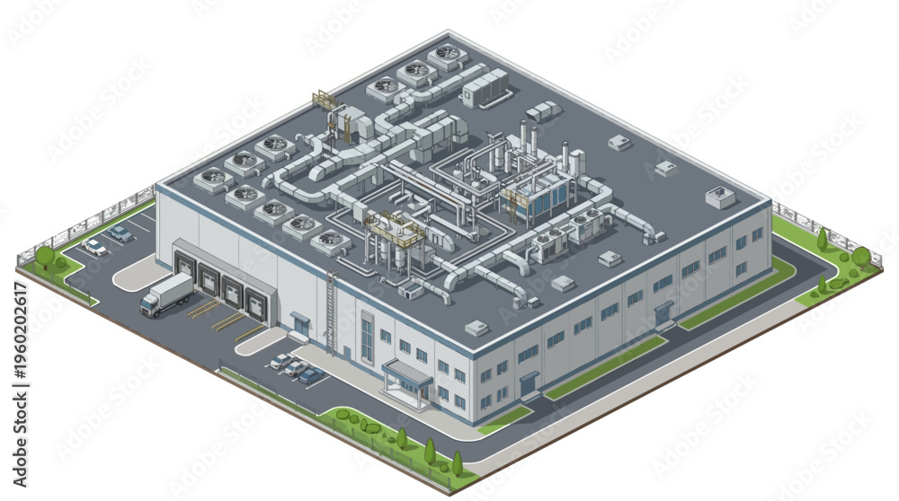 Obraz premium Isometric Industrial Building Vector Illustration Depicting a Modern Factory, Warehouse, or Production Facility with Comprehensive Ventilation and Loading Bays