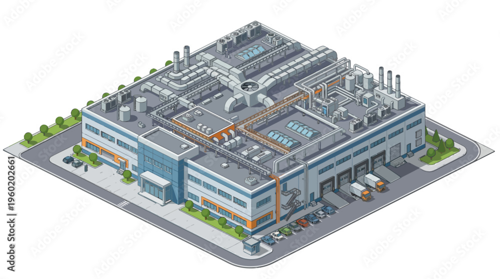 Obraz premium Industrial factory building in isometric view, modern manufacturing plant with loading docks and office spaces