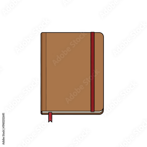A simple and clean vector illustration of a closed brown notebook with a vibrant red elastic band and a matching bookmark, ideal for education, office, or personal planning concepts