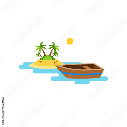 A serene tropical island with a small boat floating in the clear blue water under a bright sun