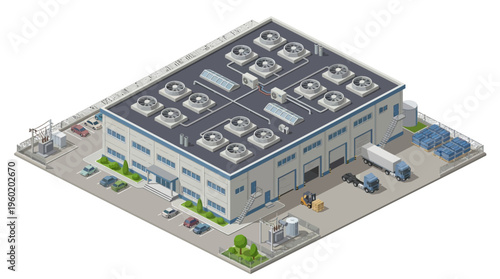 Isometric illustration of a modern industrial facility with rooftop cooling systems and logistics, representing a high-tech data center or factory campus