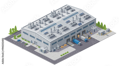 Illustration of a modern industrial warehouse building with loading docks and trucks, depicting logistics and distribution center operations