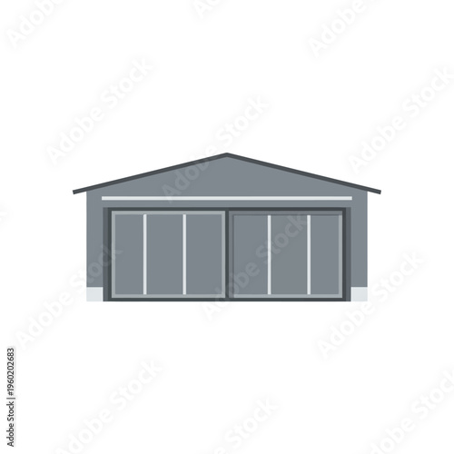 Minimalist flat design illustration of a generic storage building with large sliding doors, ideal for industrial, commercial, or residential garage icons and graphic applications