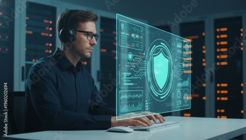 Cybersecurity specialist monitoring data in server room