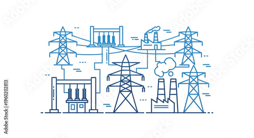 Electricity transmission towers and industrial infrastructure.