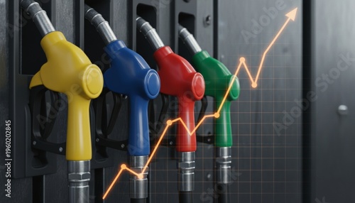 Rising fuel prices concept with gas station nozzles and growth graph