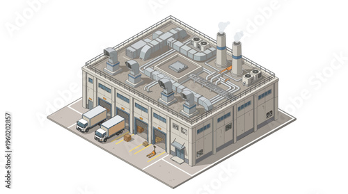 Isometric industrial factory building with loading docks and delivery trucks. Modern architecture for manufacturing, logistics, and supply chain