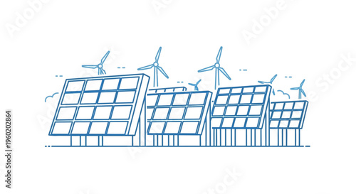 Solar panels with wind turbines.