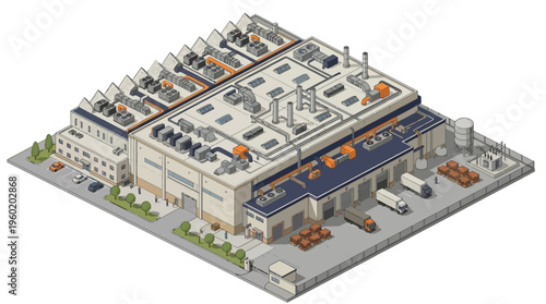 Isometric Perspective of a Modern Industrial Facility Showcasing Manufacturing, Warehousing, and Logistics Operations with Delivery Trucks and Production Infrastructure