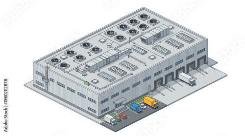 Isometric illustration of a modern industrial warehouse with delivery trucks at loading docks and rooftop HVAC. Represents efficient logistics and distribution