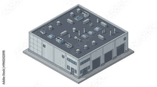 Isometric view of a modern industrial warehouse building with multiple rooftop units and large bay doors, presented in a clean, digital art style
