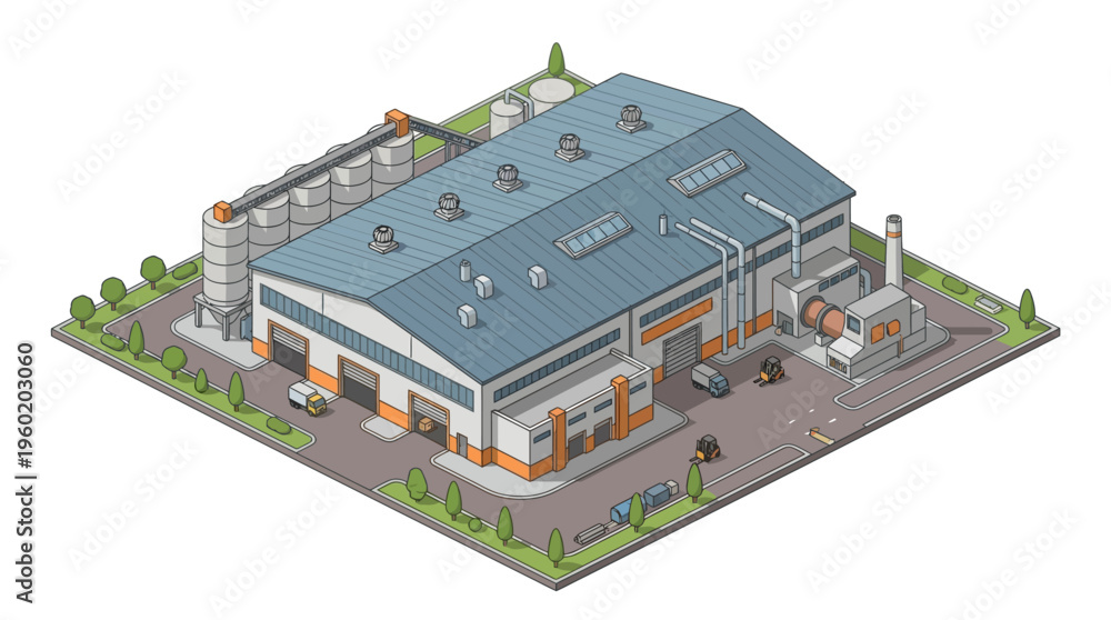 Obraz premium Isometric illustration of a large industrial warehouse complex with silos and trucks
