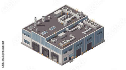 Isometric Industrial Warehouse Building with Loading Docks and HVAC Systems