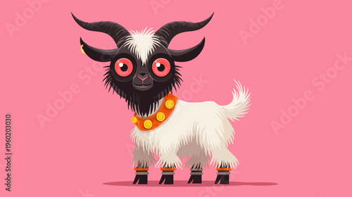 An illustration of a stylized goat with large red eyes and fluffy white fur on a pink background
