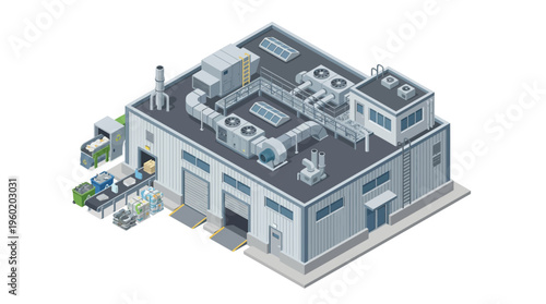 Isometric view of a modern industrial factory building with loading dock and conveyor belt, reflecting a functional and efficient operational environment