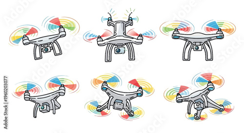 Drone with colorful propellers flying high.
