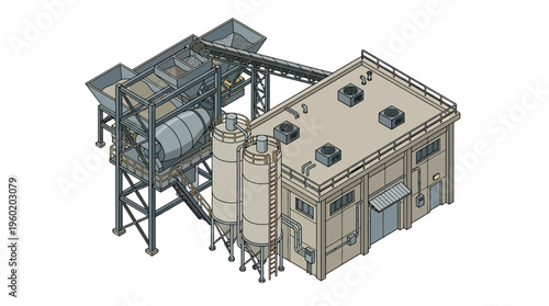 Industrial facility for concrete production with mixing equipment and silos, isometric view