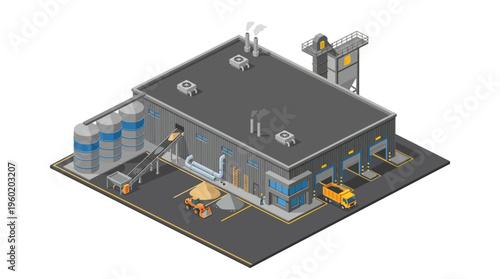 Isometric illustration of a modern industrial facility with loading docks, silos, and heavy machinery, depicting a streamlined production and logistics operation