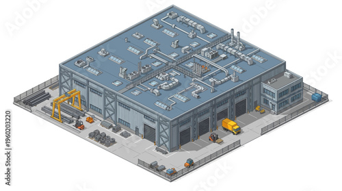 Isometric view of a large industrial warehouse building with loading docks, vehicles, and storage containers, representing logistics and manufacturing operations