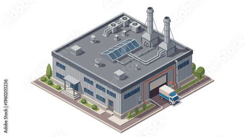 Industrial building with loading dock and truck, solar panels on roof, representing manufacturing and logistics
