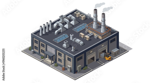 Isometric view of a factory building with smokestacks and a forklift, representing industry and manufacturing