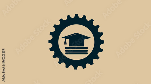 An educational concept symbol, featuring a mortarboard and gear on a beige background