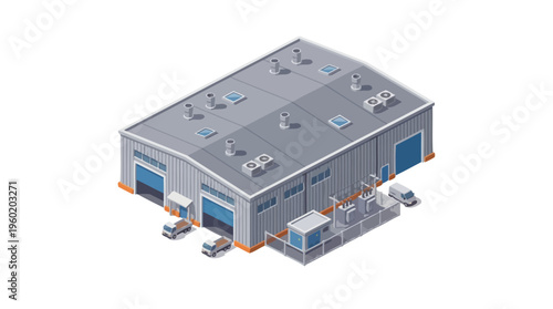 Isometric view of a modern industrial warehouse building with vehicles and utility equipment, showcasing logistics and supply chain operations in a business context