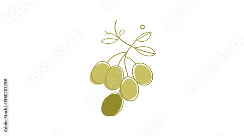 A simple, olive-green illustration of olives on a branch with leaves and a white background