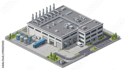 Isometric view of a modern industrial complex with loading docks, trucks, and storage tanks