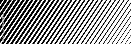 Repeated black diagonal lines on white background. Slanted parallel stripes pattern. Tilted striped print. Angled streaks wallpaper. Abstract minimalistic design. Vector graphic illustration.