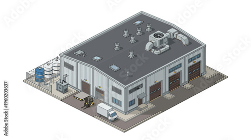 Isometric view of a modern industrial warehouse building with loading docks, forklift, and delivery truck on a white background