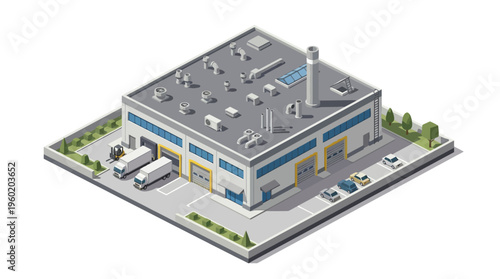 Isometric view of a modern industrial warehouse building with loading docks, trucks, and cars, showcasing logistics and distribution operations