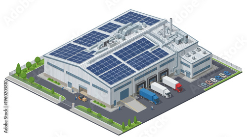 Modern industrial warehouse with solar panels on the roof, reflecting a commitment to sustainable energy solutions and efficient logistics