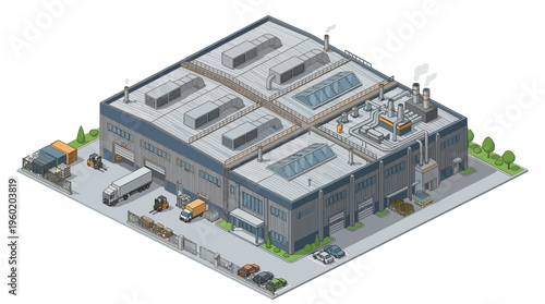 Isometric View of a Large Industrial Warehouse Building with Loading Docks and Forklifts