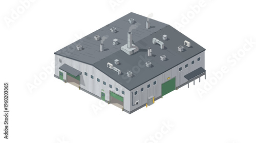 Isometric illustration of an industrial building with loading docks and ventilation systems, representing manufacturing and logistics